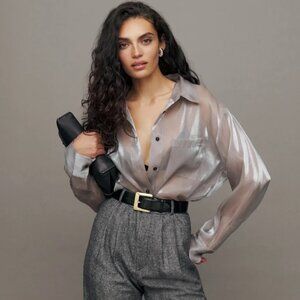 NEW Reformation Will Oversized Sheer Silver Metallic Shirt SM